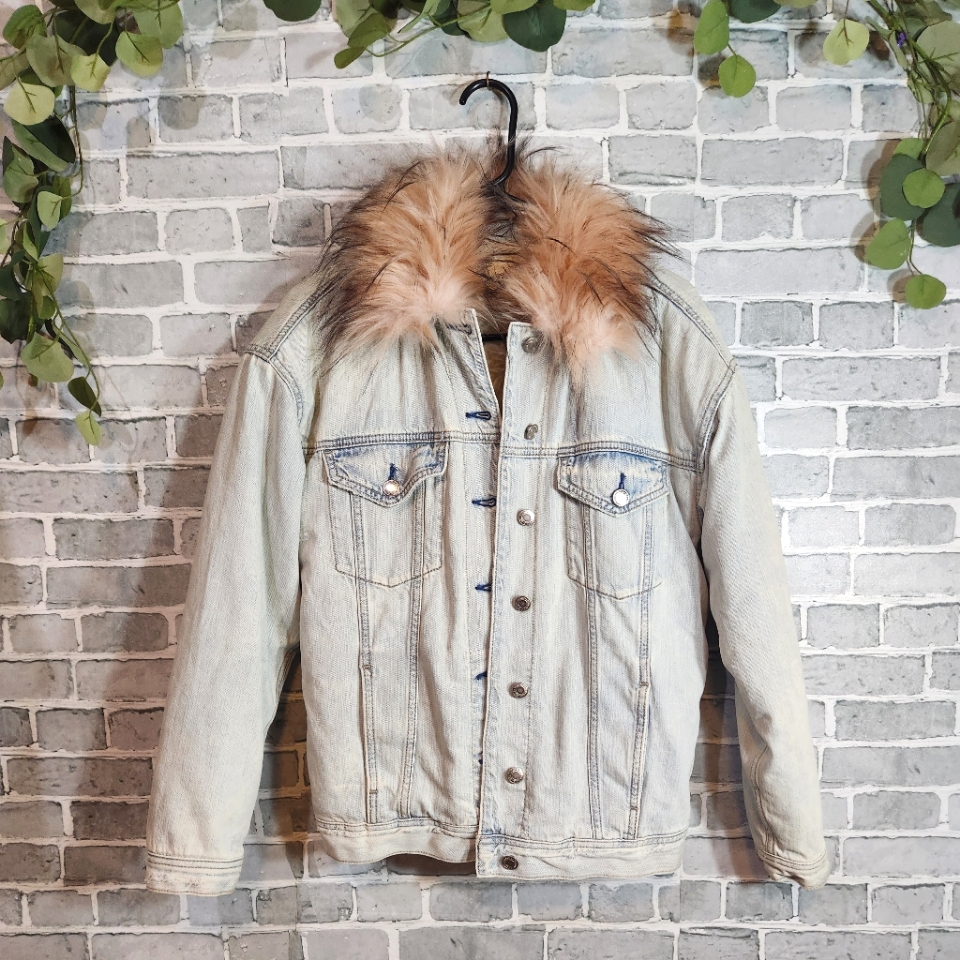 American Eagle Size S Denim Faux Fur Lined Jean Jacket Retro Shearling